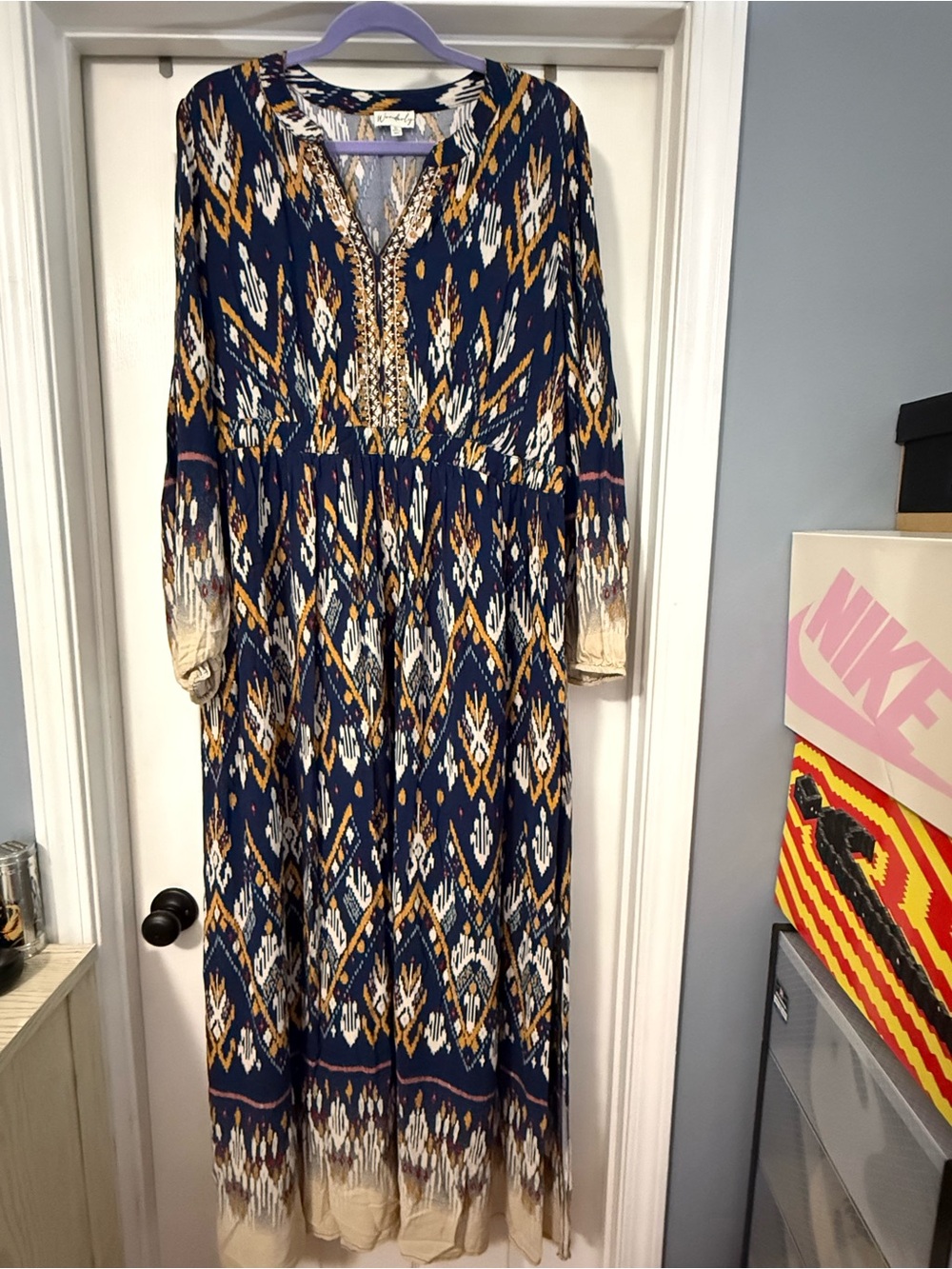 Wonderly Navy and Cream Geometric Maxi Dress